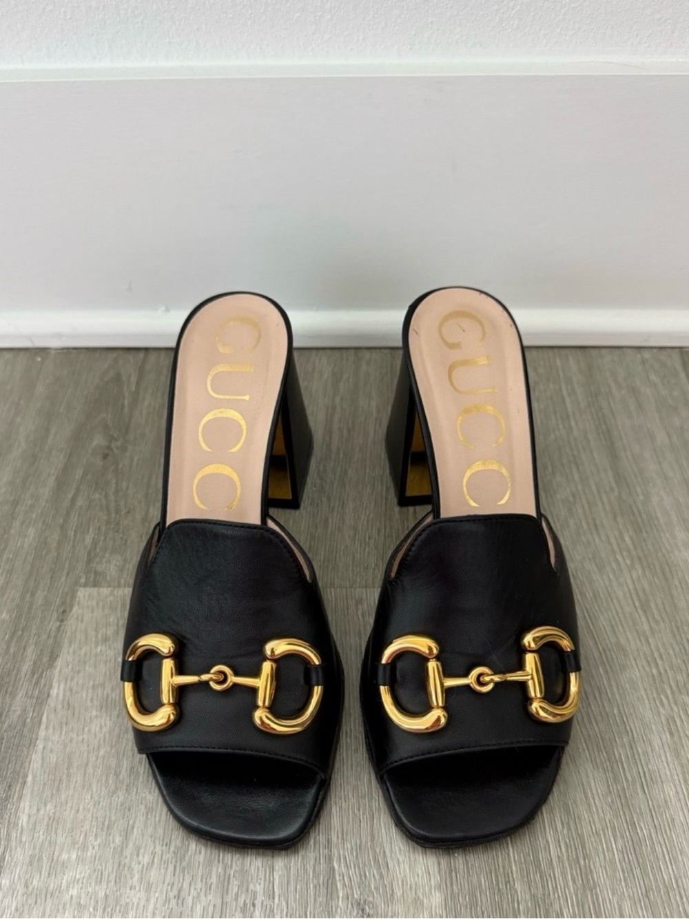 Gucci Black Leather Heel Sandal with Gold Horsebit - Picture 2 of 9